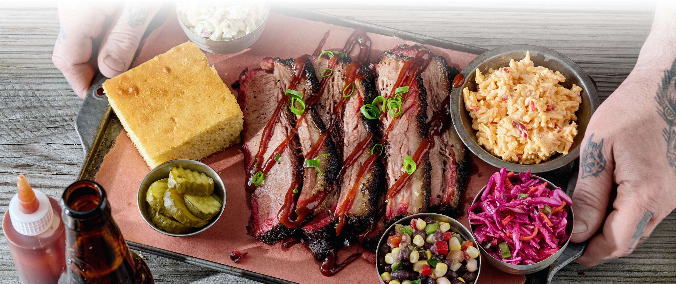 Braveheart Barbecued Beef Chuck shoulder tender   With Cornbread, Pimento Cheese, and Moonshine barbecue sauce