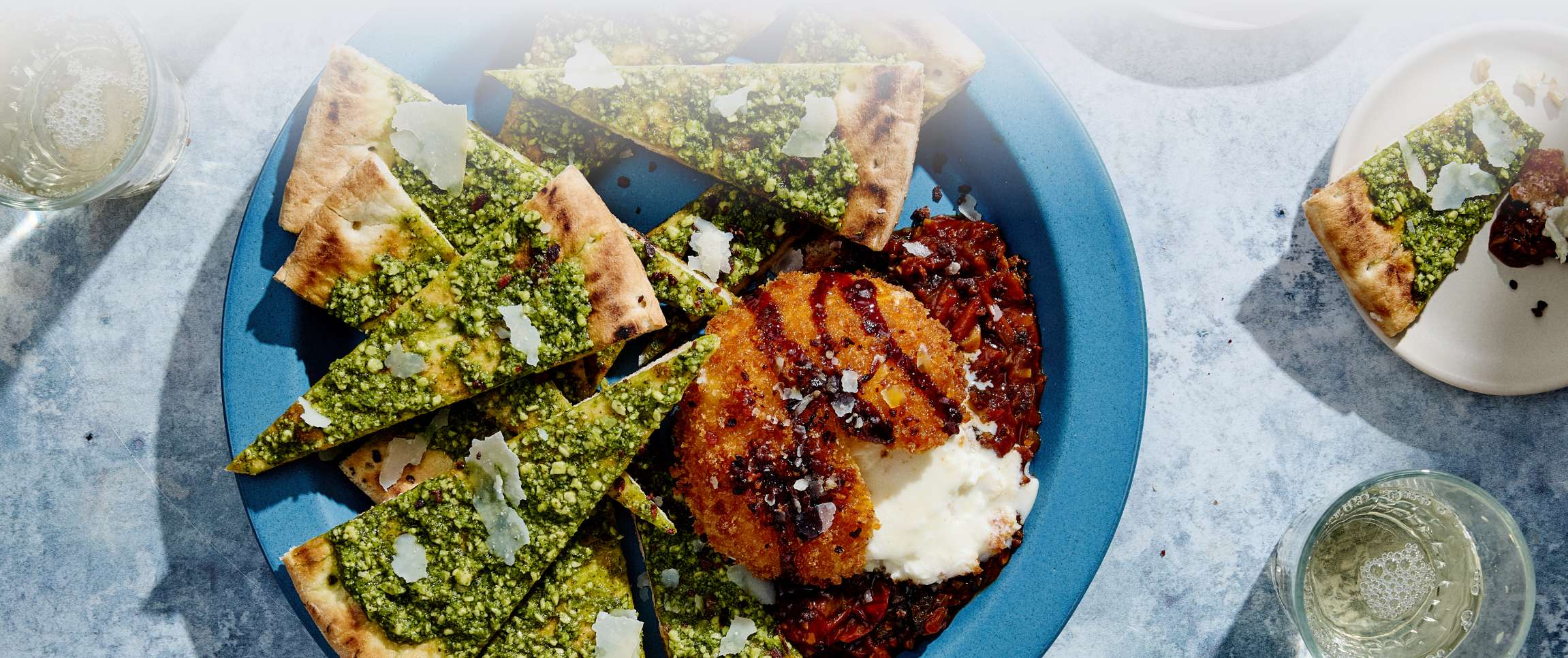 Fried Burrata with Pesto Flatbread