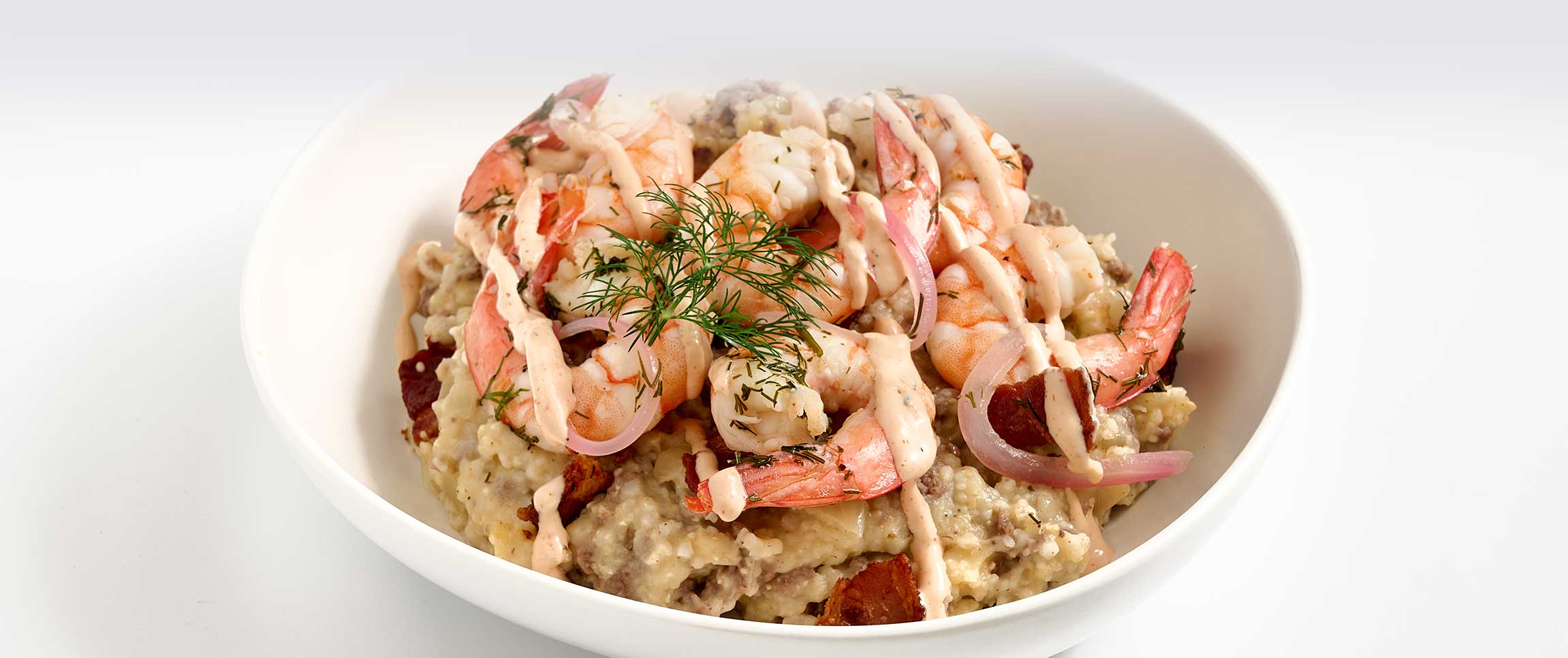 Bacon Cheeseburger Grits with Hot Pickled Shrimp