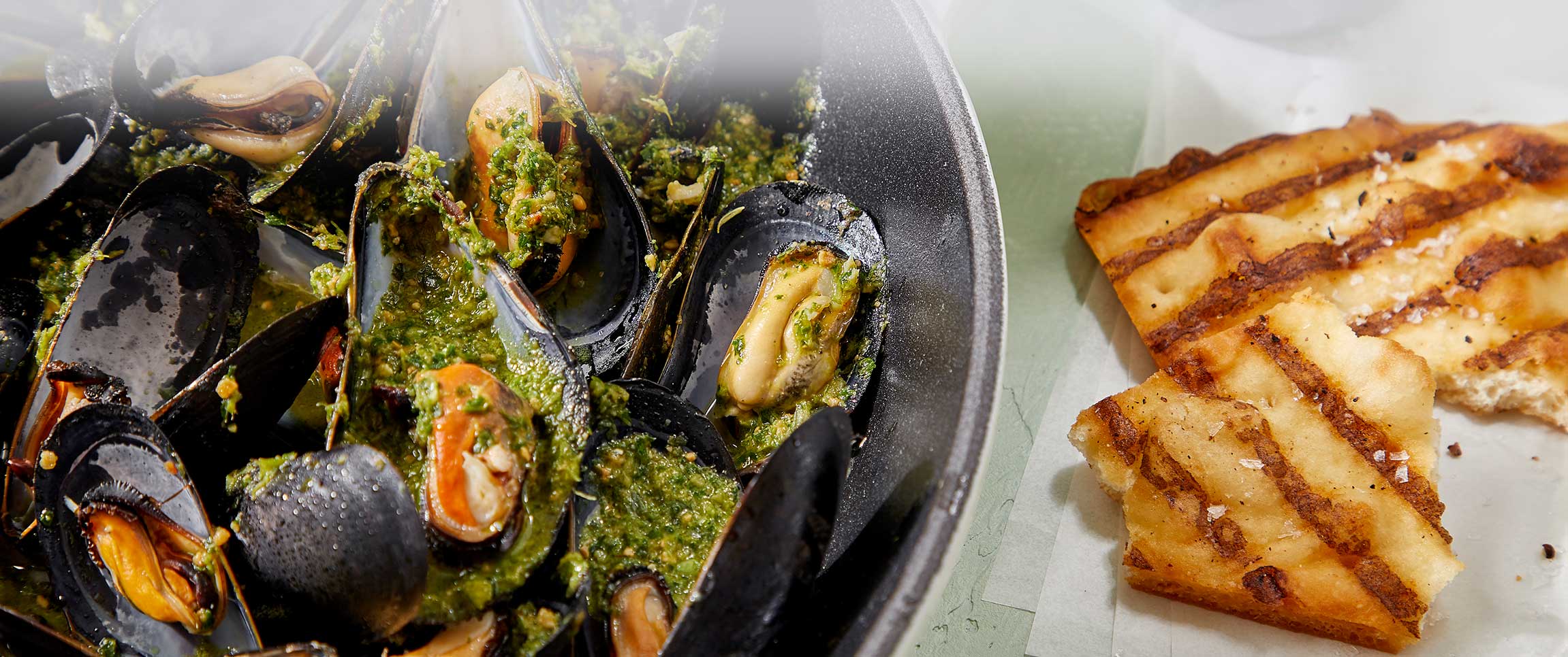 Mussels in Cilantro Pesto with Fry Bread