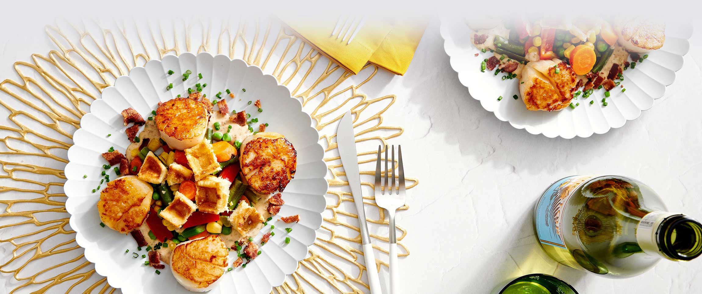 Seared Scallops with Lobster Sauce and Waffle Croutons