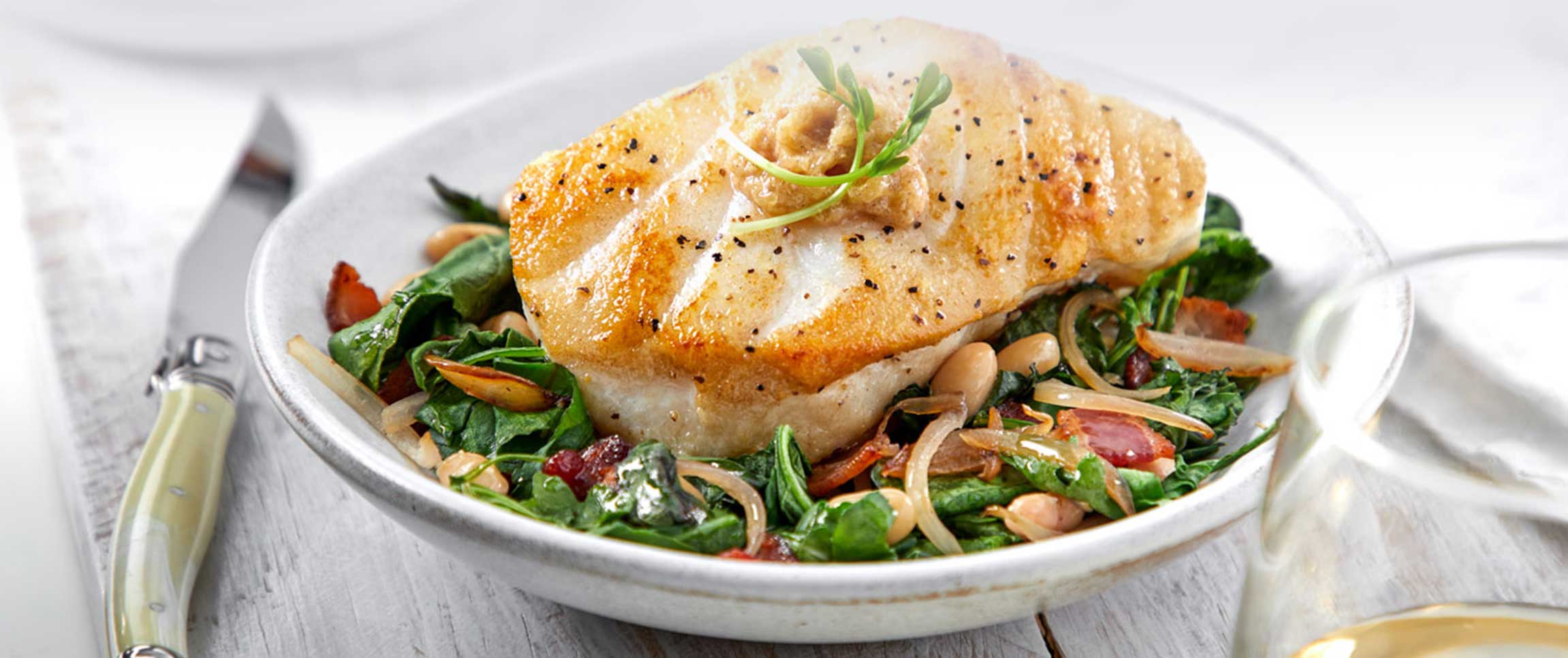 Seared Sea Bass with Braised Urban Greens