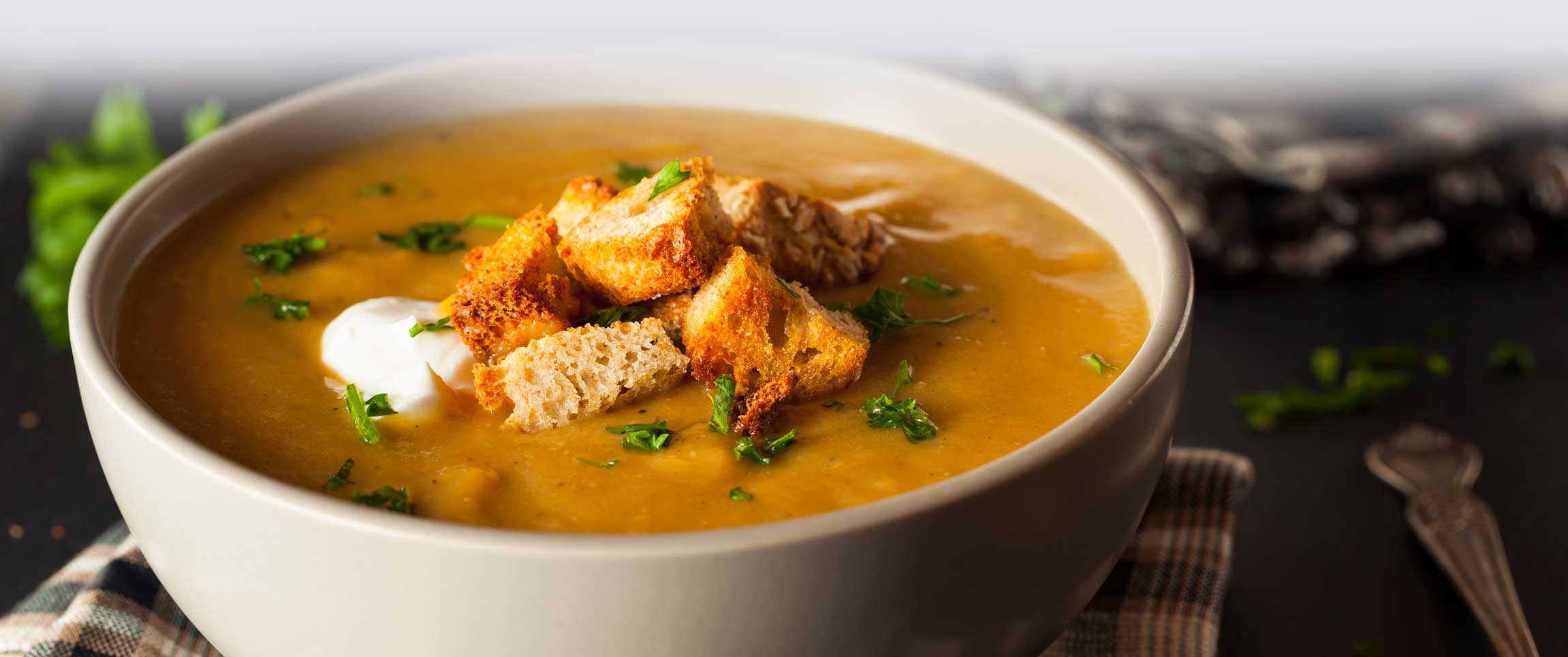 Homemade Hot Butternut Squash Soup with Toppings