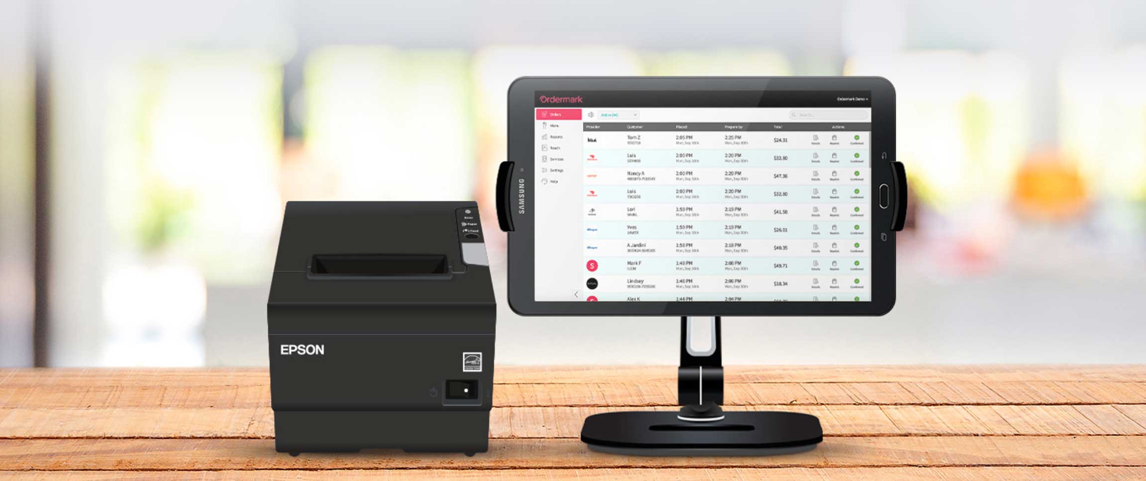 Ordermark system and printer on a restaurant counter