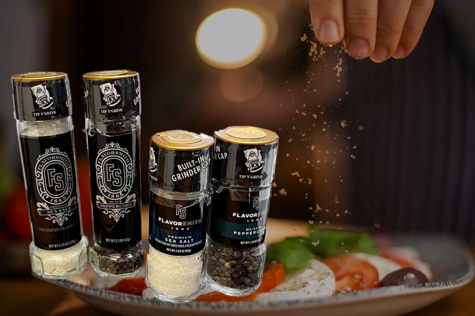 FlavorSmith™ Premium Mediterranean Sea Salt and Black Peppercorn Glass Grinders
