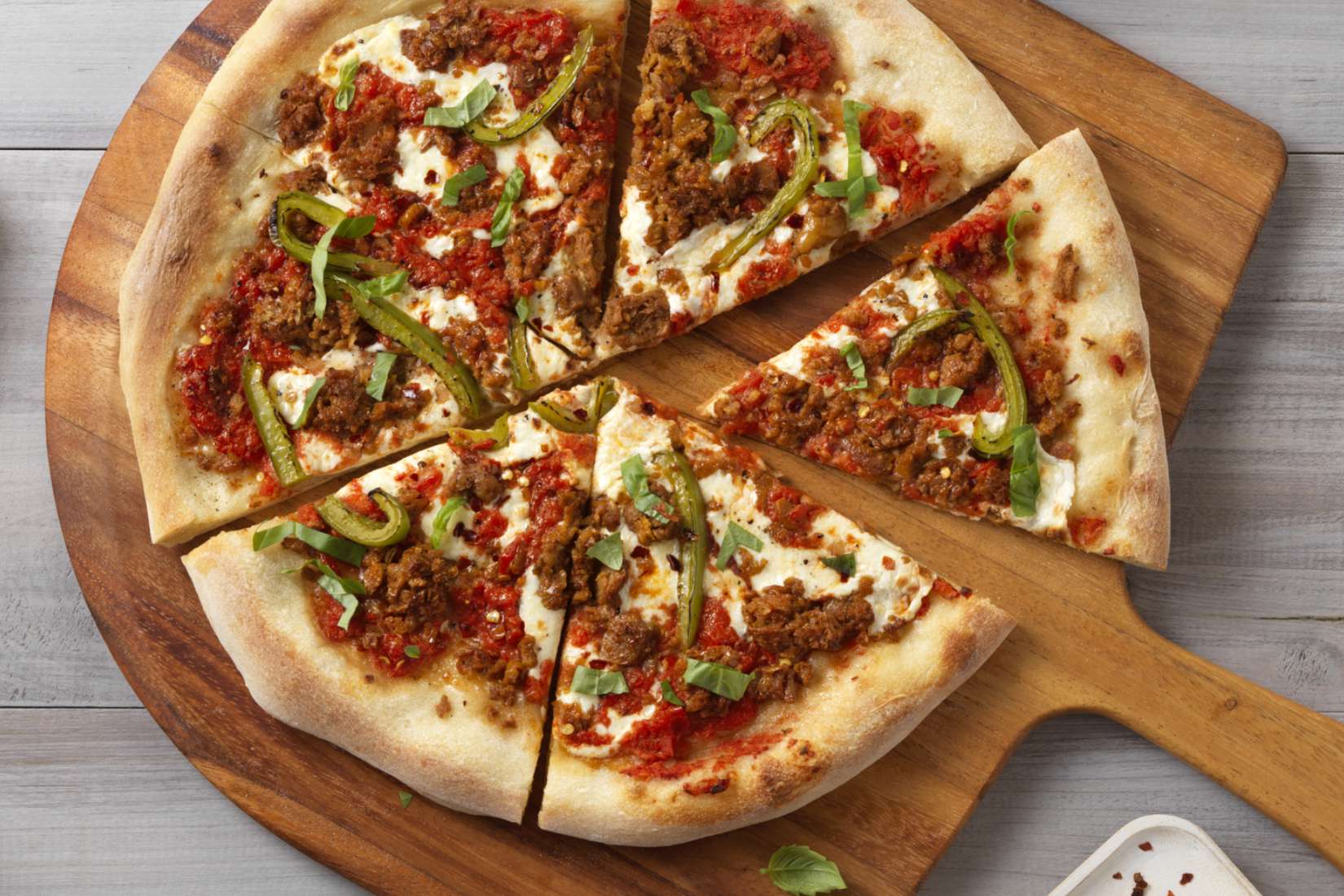 Pizza with vegan sausage crumbles
