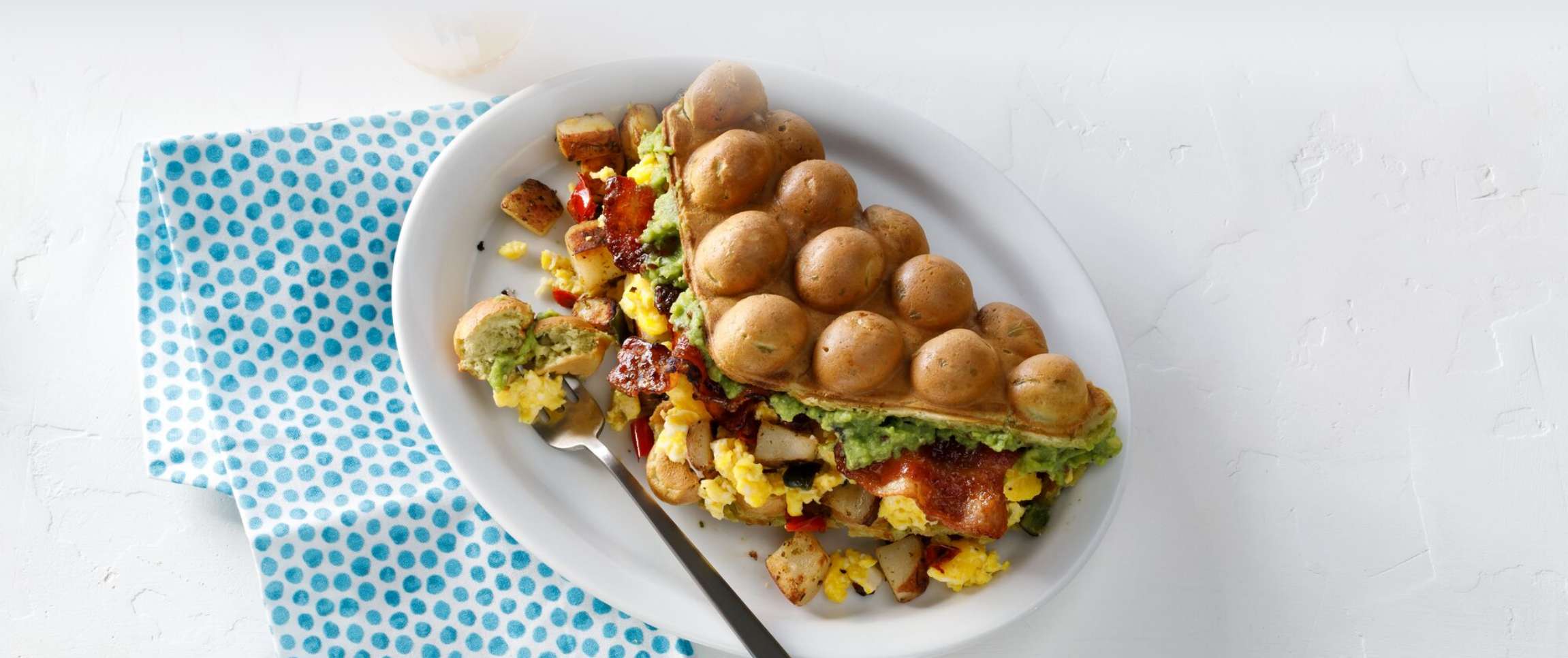 Bubble Waffles with Avocado and Savory Breakfast Filling