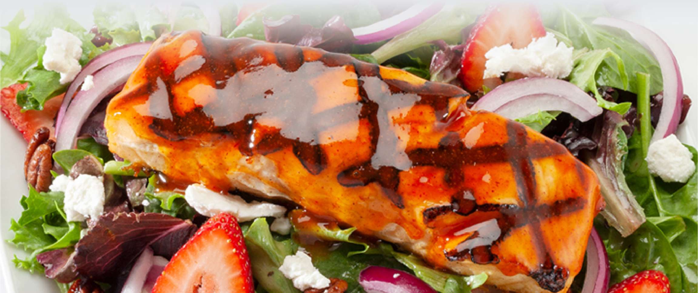Strawberry and Goat Cheese Salad with Spicy Peach Glazed Salmon