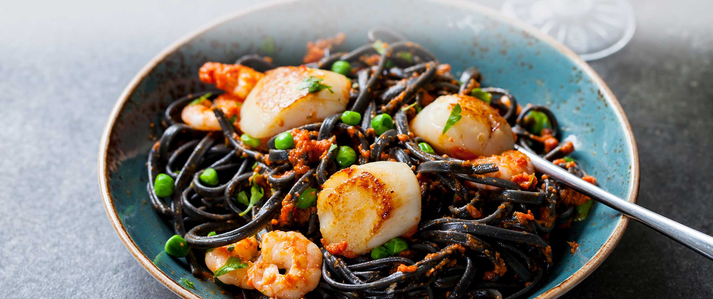 Scallops with Squid Ink Pasta