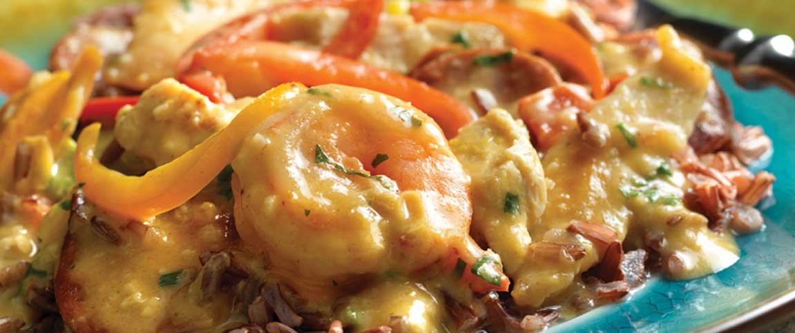 Baja Chicken, Shrimp and Chorizo Over Wehani Rice