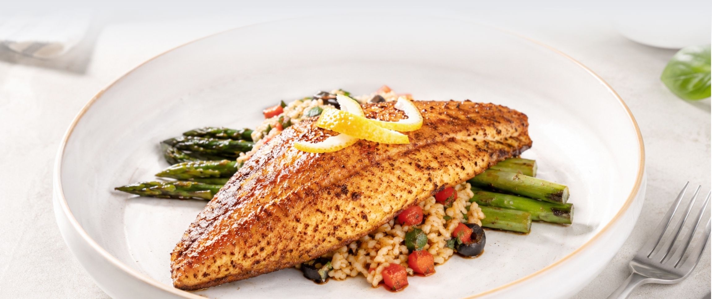Blackened Redfish with Mediterranean Couscous & Grilled Asparagus