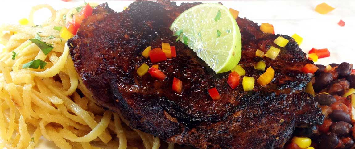 Chili Rubbed Ribeye with Corn Dusted Pasta