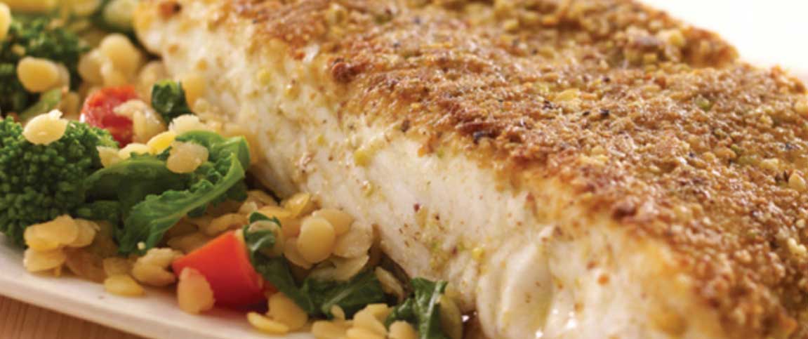 Dukkah Pollock on a Bed of Broccoli & Lentils