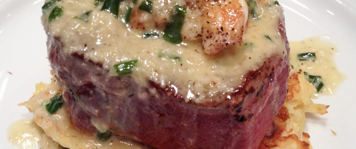 Brandy Beurre Covered Filet Stuffed with Lobster on a Parmesan Latke