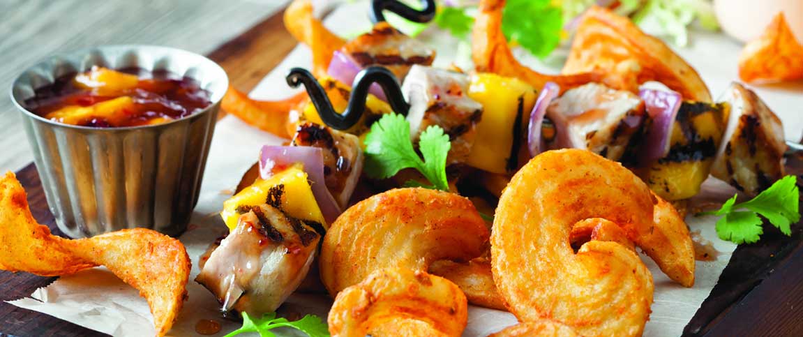 Pork Tenderloin and Mango Skewers with Sidewinder Fries
