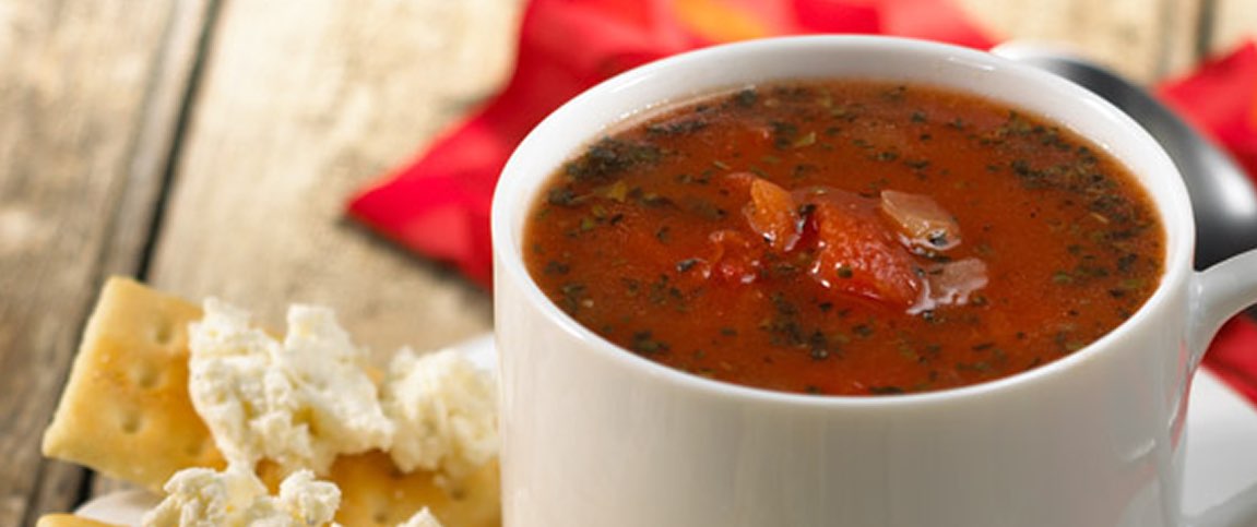 Tomato Soup with Feta Topped Salad Wafers