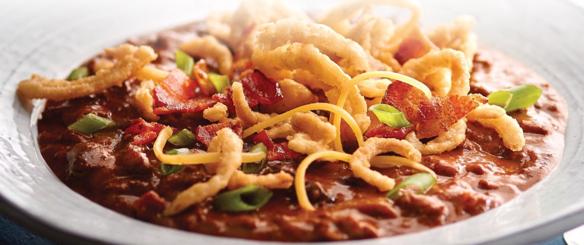 Bacon BBQ Cheddar Chili Topped with Crispy Onion