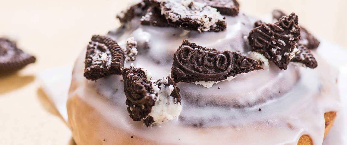 Iced Cinnamon Rolls with Oreo Cookie Pieces