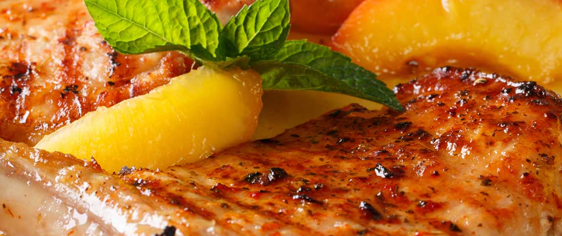 Pork Cutlets with Bourbon Glazed Peaches