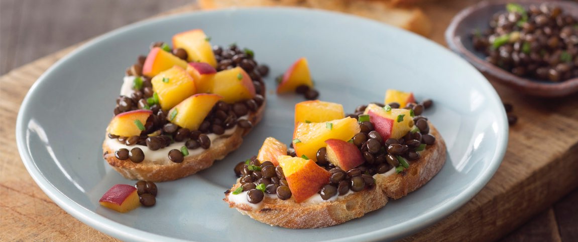 Pickled Peach and Black Beluga Lentil Toasts