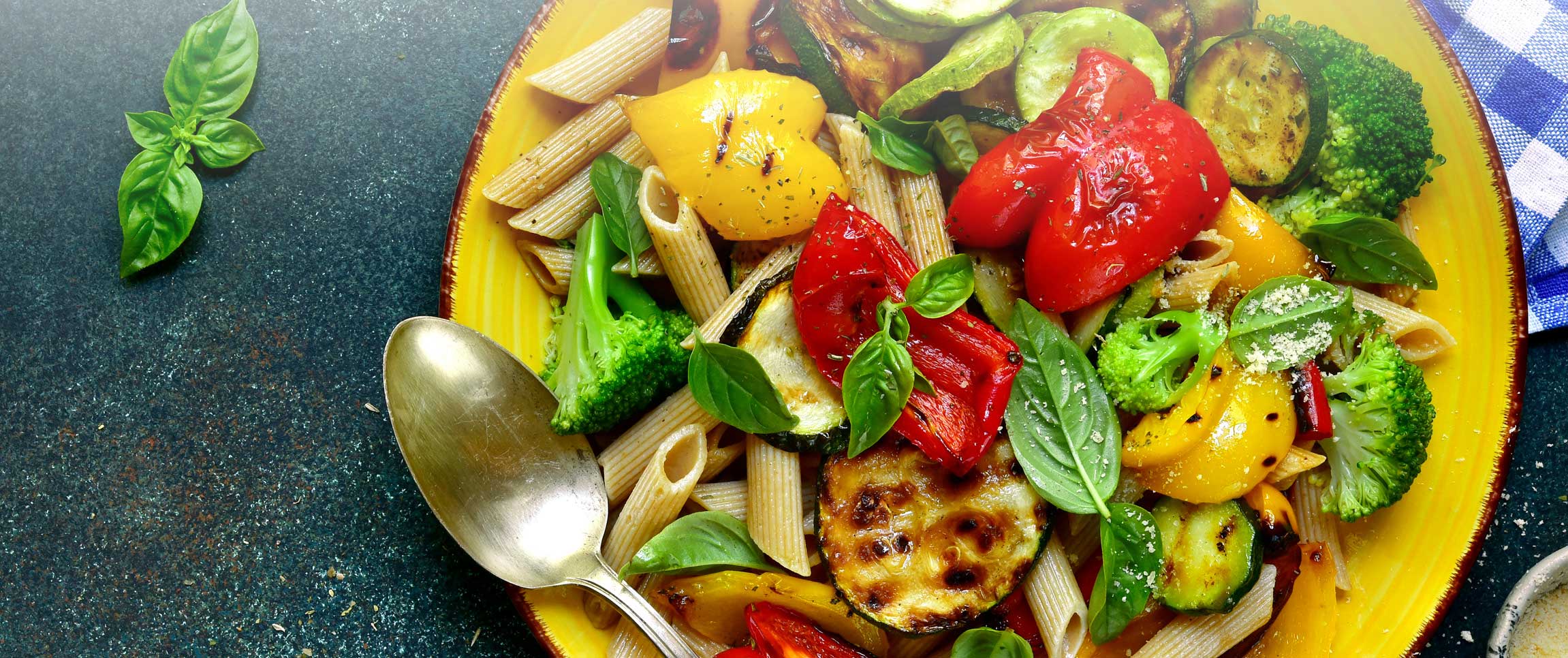 penne pasta with assorted roasted vegetables