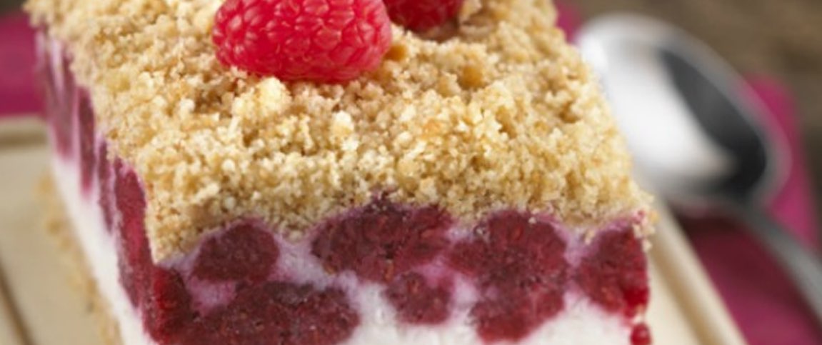 Raspberry and Cream Squares Topped with Graham Crumbs