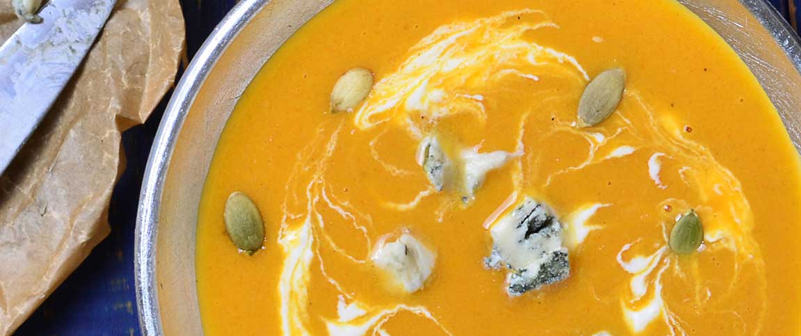 Roasted Vegetable Soup with Blue Cheese Spread