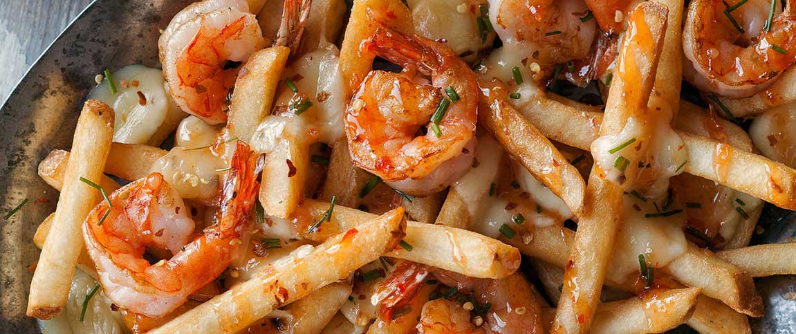 Spicy Shrimp Poutine with Sweet Chili Sauce