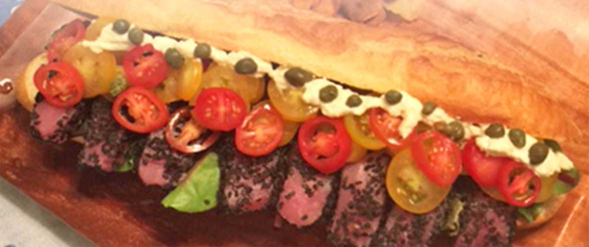 Sesame Crusted Tuna Sandwich with Teardrop-Tomato Relish and Lemon-Caper Aioli