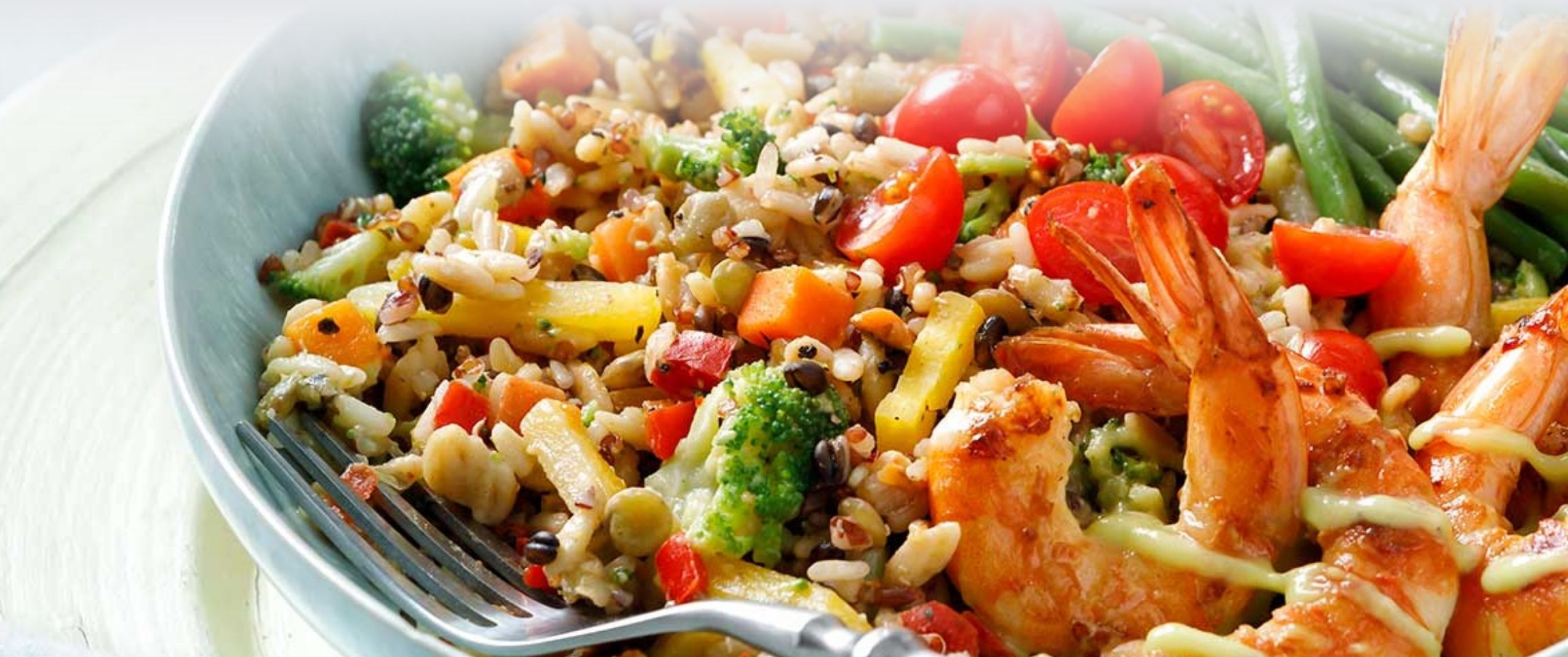 Multi-Grain Orzo, Red Quinoa and Grilled Shrimp Mediterranean Bowl