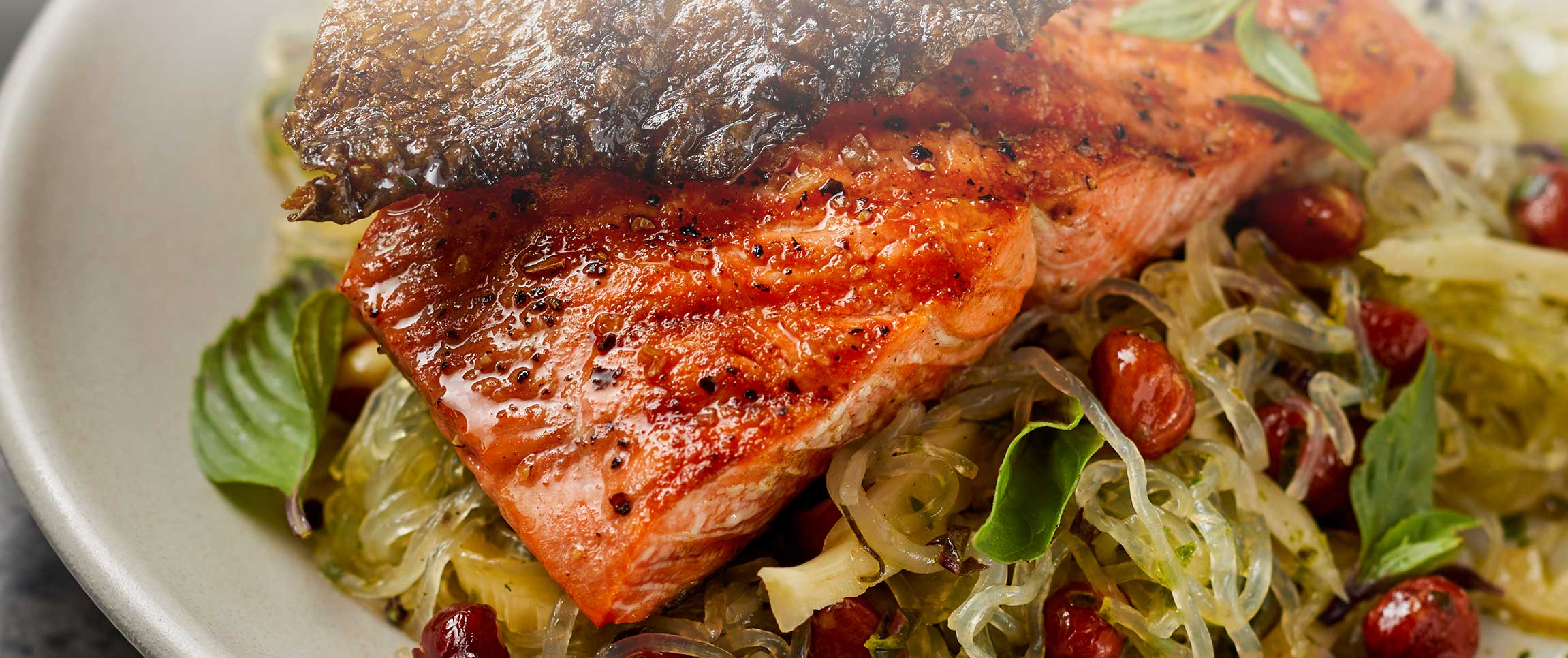 Wood Grilled Alaska Salmon Kelp Noodle Salad