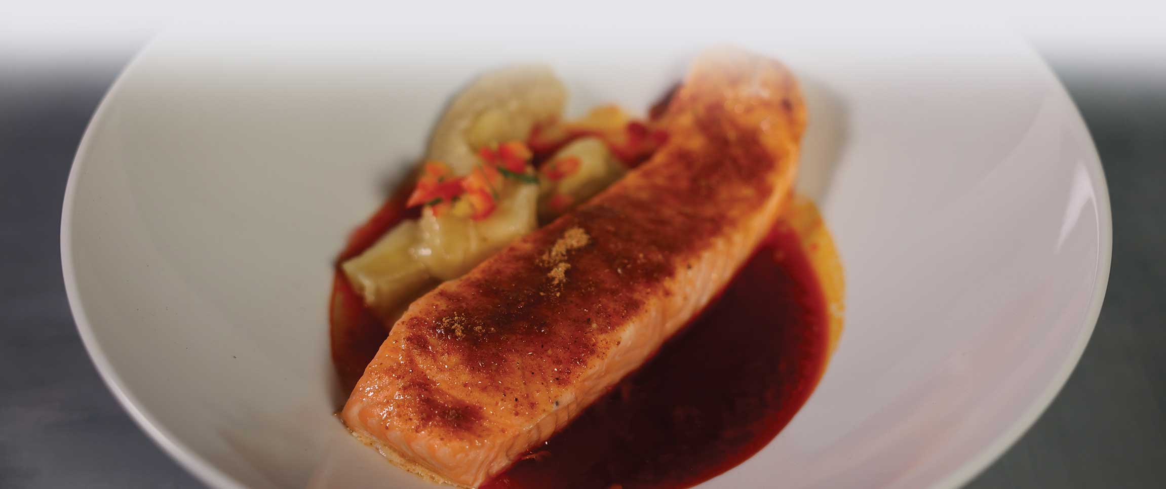 Faroe Island Salmon with Pomegranate Chili Syrup and Roasted Bananas