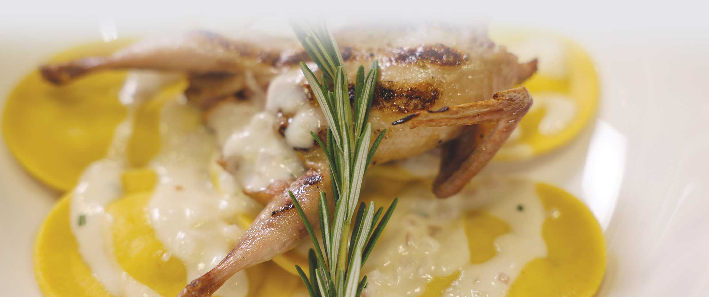 Grilled Quail over Butternut Squash Ravioli with a Shallot and Rosemary Alfredo