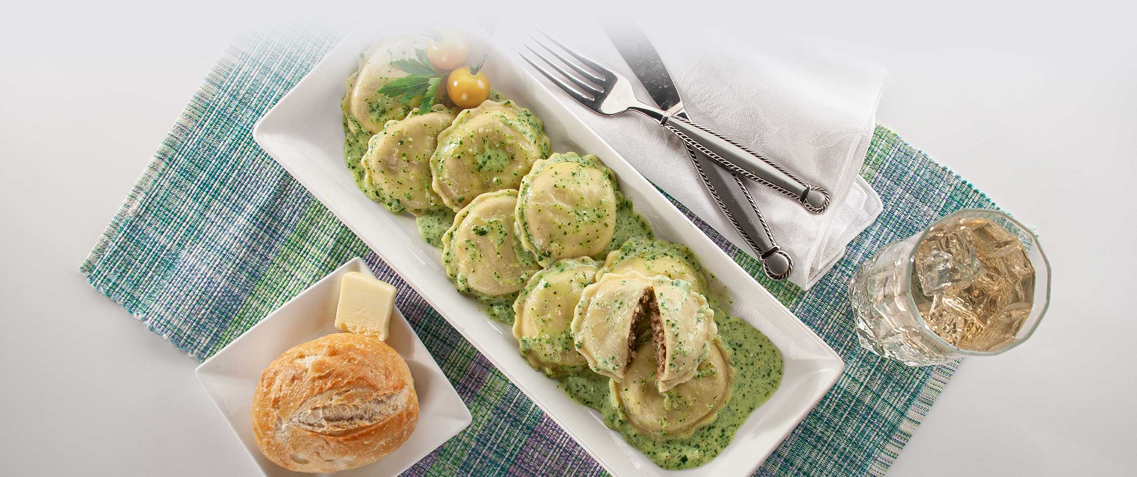 Beef Ravioli with Basil Pesto Cream
