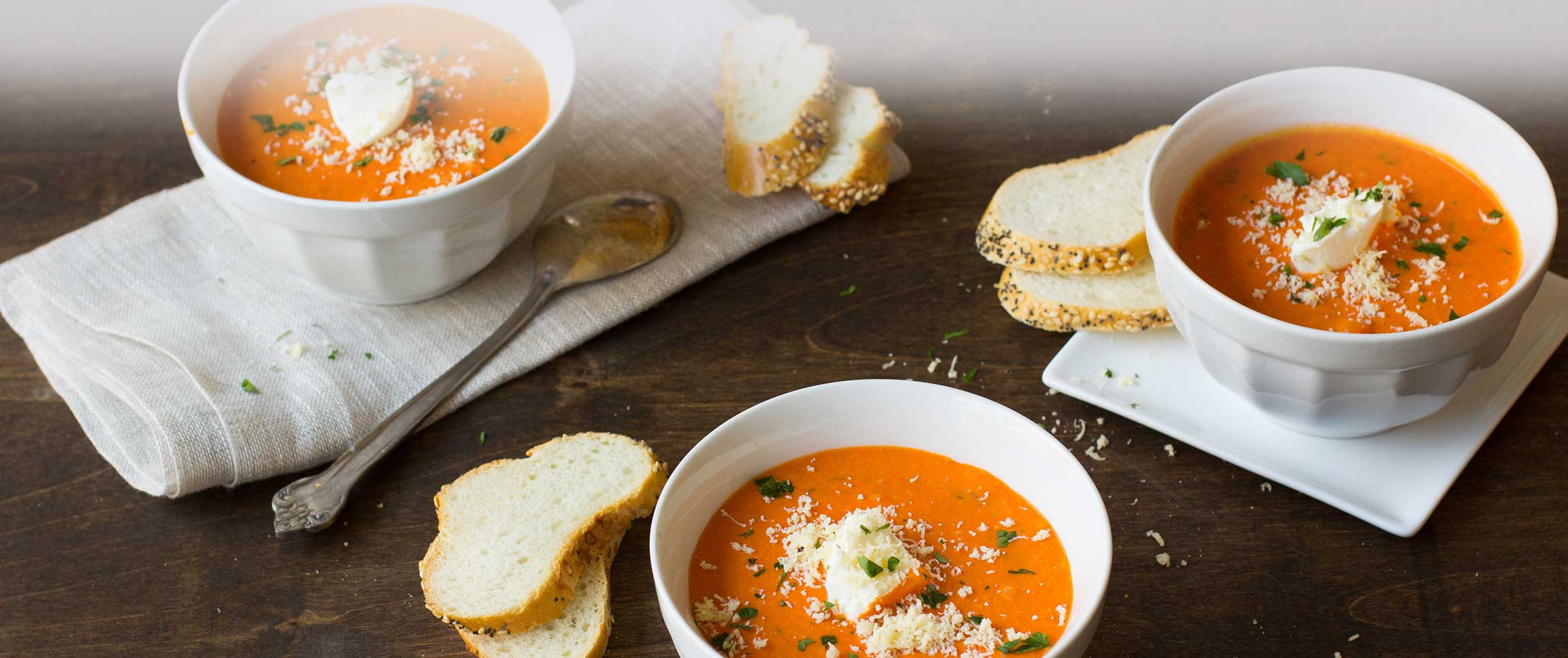 ROASTED RED BELL PEPPER SOUP WITH MASCARPONE & DRY JACK