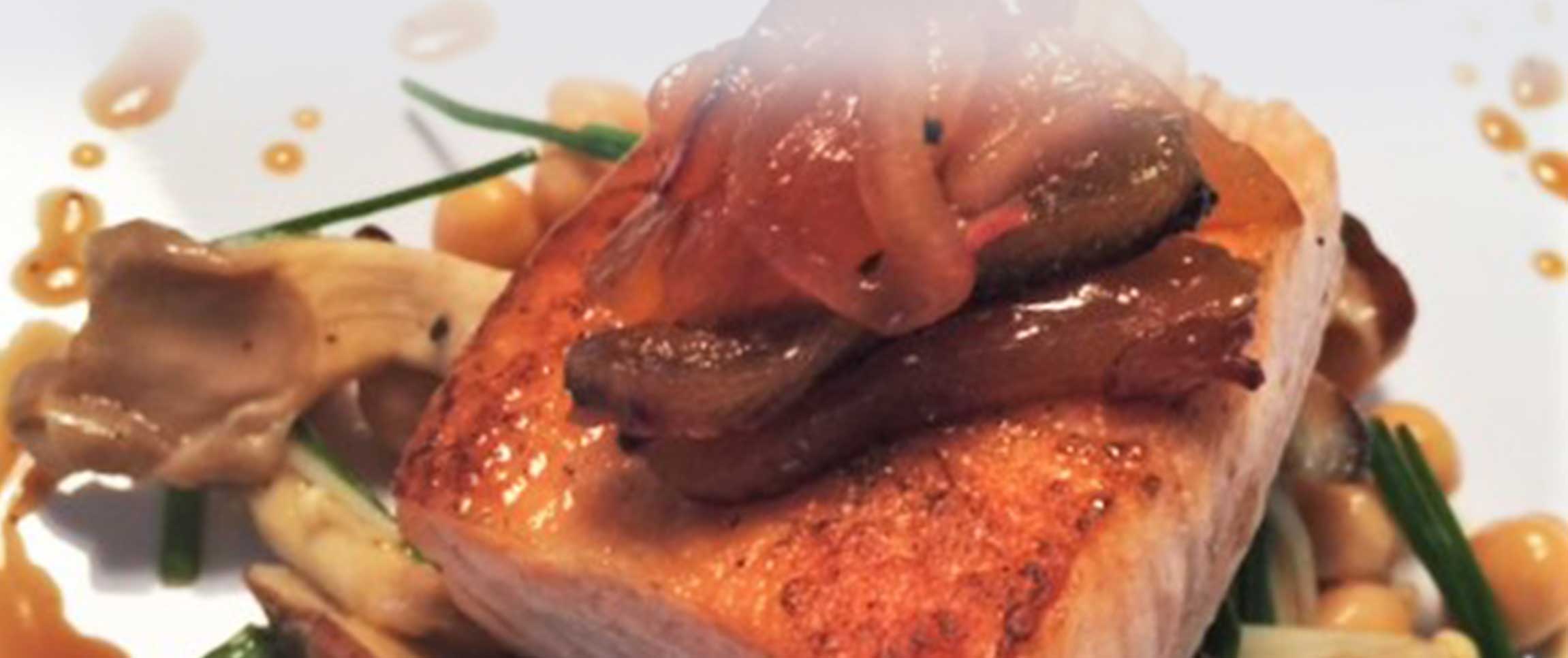 Salmon Atop Chickpea and Forest Mushroom Salad 