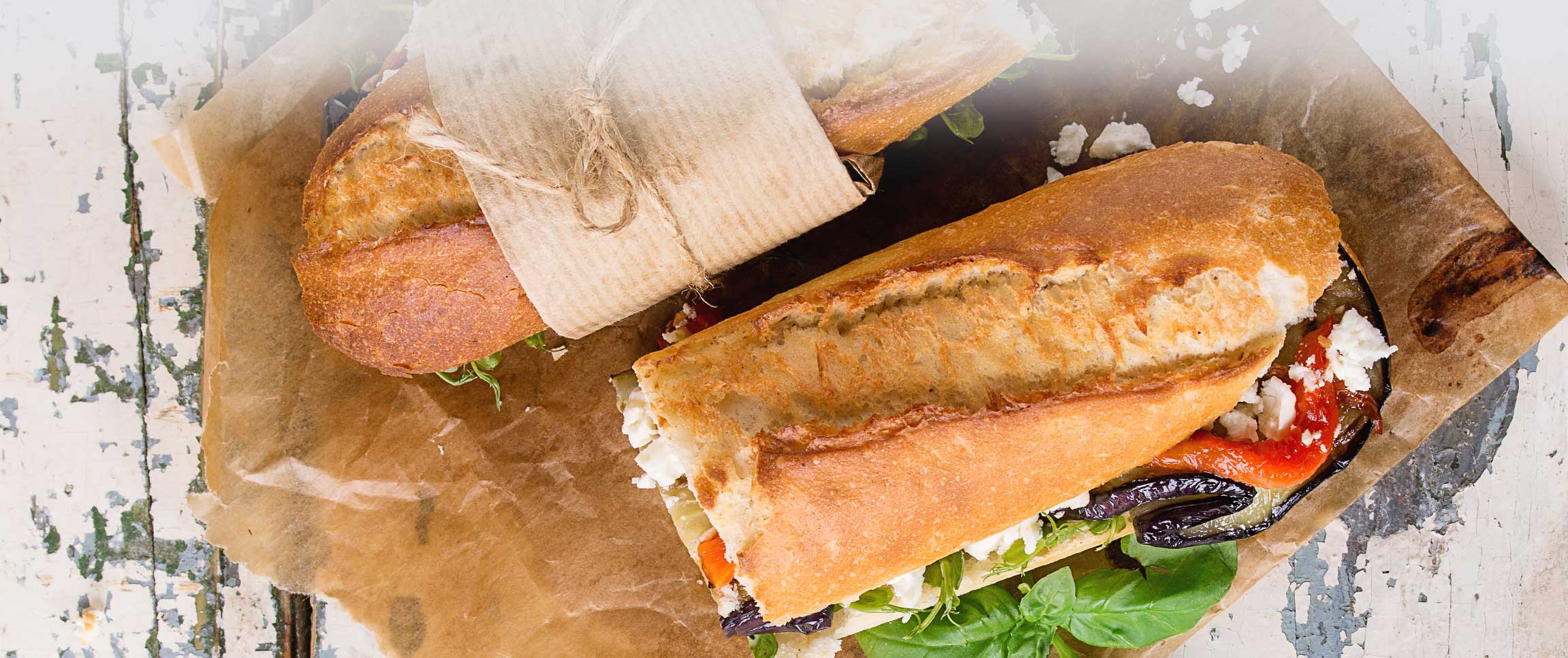 Roasted Eggplant and Sweet Pepper Baguette w/ Pesto Aioli and Goat