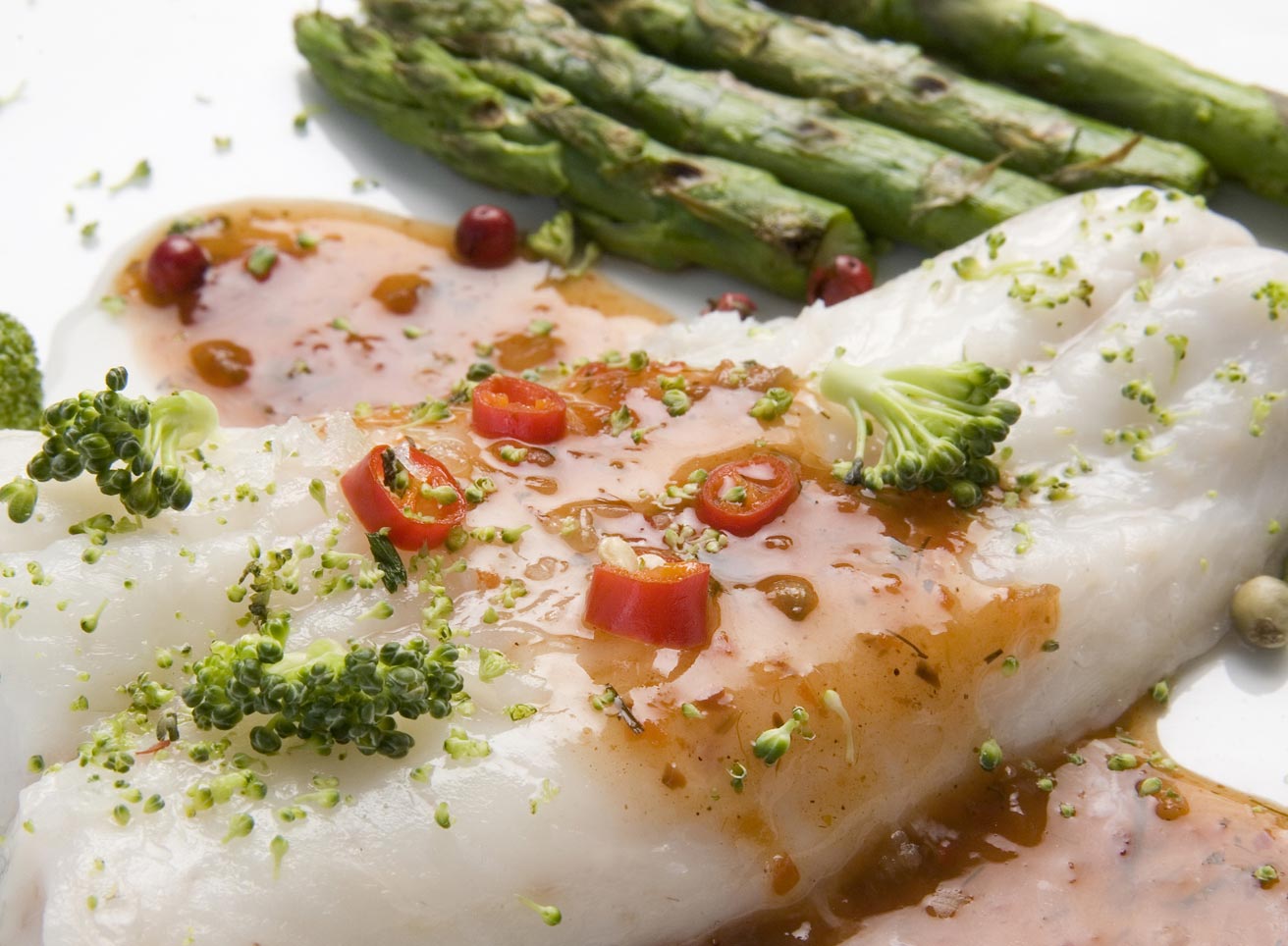 Catfish with Tomato, Crab, and Asparagus