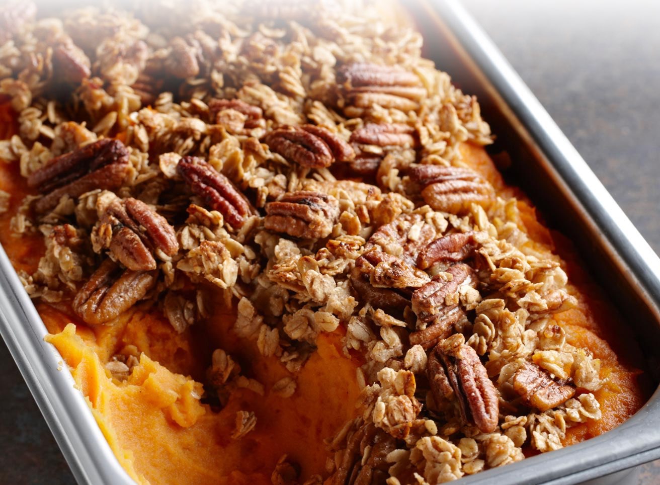 Mashed Sweet Potatoes Topped with Oats, Pecans and Brown Sugar